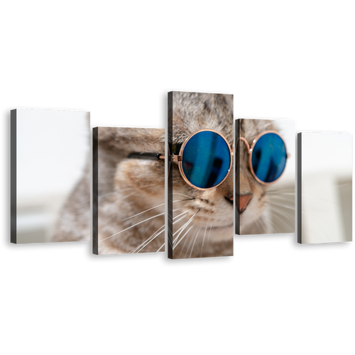 Cat Pet Canvas Print, Brown Cat Portrait 5 Piece Canvas Wall Art, Smart Cat Wearing Sunglasses Multiple Canvas