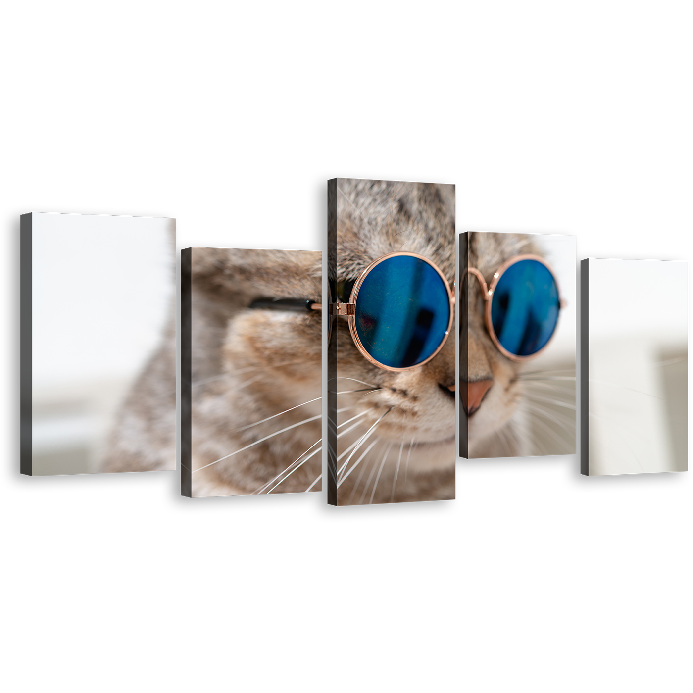 Cat Pet Canvas Print, Brown Cat Portrait 5 Piece Canvas Wall Art, Smart Cat Wearing Sunglasses Multiple Canvas