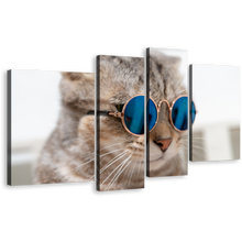 Load image into Gallery viewer, Cat Portrait Canvas Wall Art, Cool Cat Wearing Blue Sunglasses Canvas Set, Brown Smart Cat 4 Piece Canvas Print
