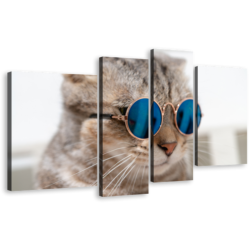 Cat Portrait Canvas Wall Art, Cool Cat Wearing Blue Sunglasses Canvas Set, Brown Smart Cat 4 Piece Canvas Print