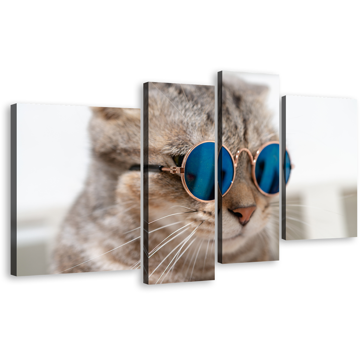 Cat Portrait Canvas Wall Art, Cool Cat Wearing Blue Sunglasses Canvas Set, Brown Smart Cat 4 Piece Canvas Print