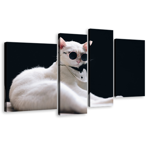 Cat Portrait Canvas Wall Art, Cool Cat in Black Background Canvas Set, White Cat 4 Piece Canvas Print