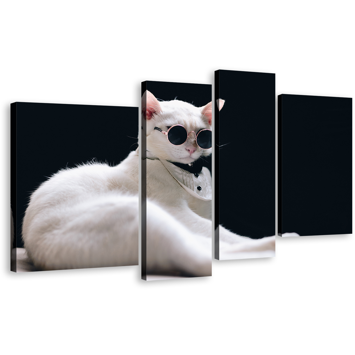 Cat Portrait Canvas Wall Art, Cool Cat in Black Background Canvas Set, White Cat 4 Piece Canvas Print