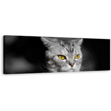 Load image into Gallery viewer, Cats Pet Canvas Wall Art, Yellow Cat Eyes 1 Piece Canvas Print, Grey Cat Close Up Wide Canvas
