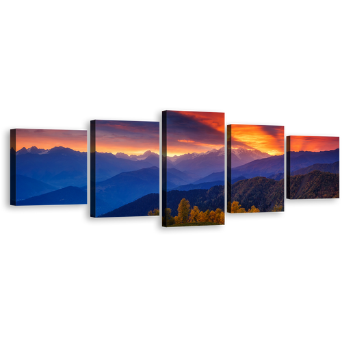 Caucasus Ridge Canvas Wall Art, Georgia Mestia Landscape Canvas Set, Dramatic Orange Sunbeams Sky 5 Piece Canvas, Europe Ushba Blue Mountain Canvas Print