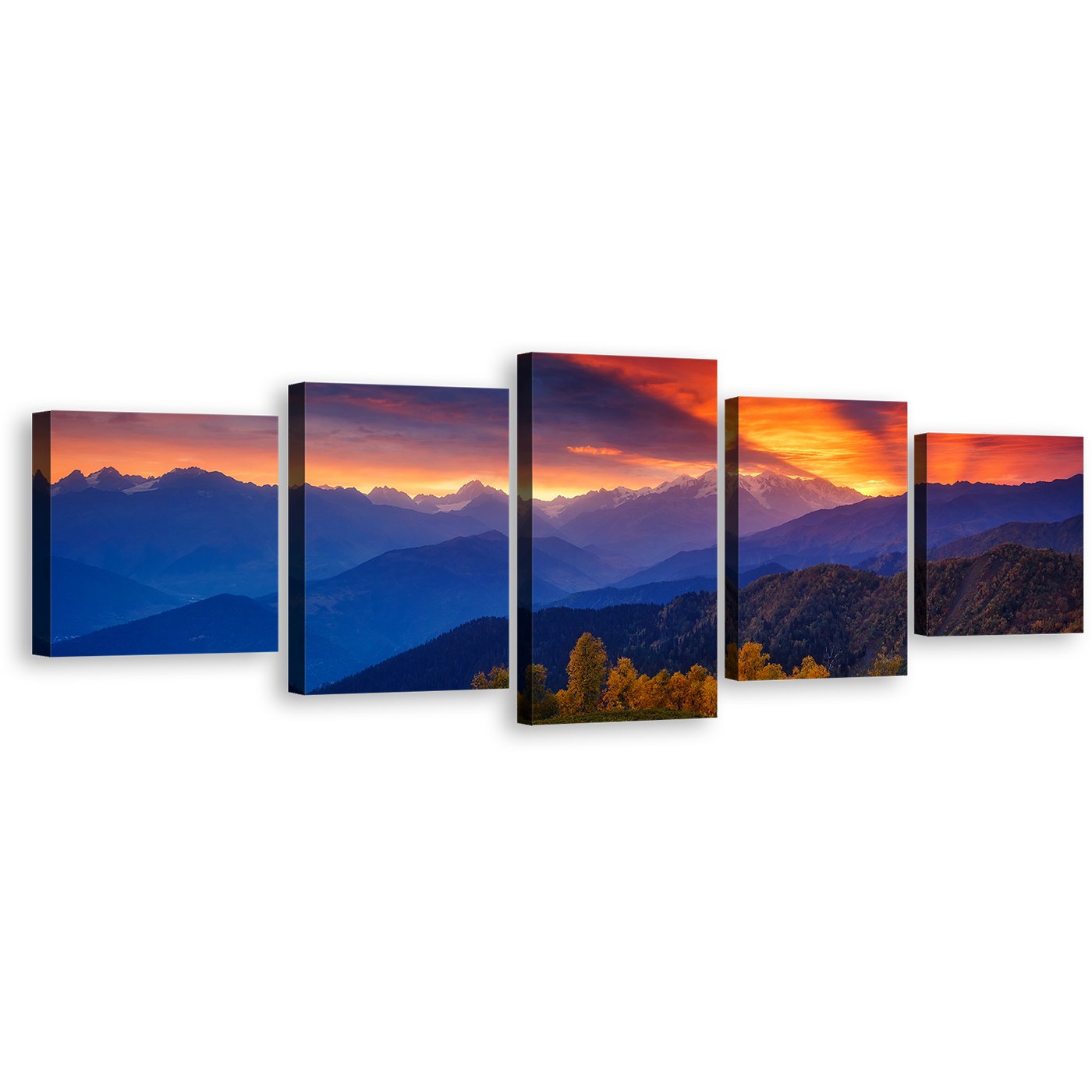 Caucasus Ridge Canvas Wall Art, Georgia Mestia Landscape Canvas Set, Dramatic Orange Sunbeams Sky 5 Piece Canvas, Europe Ushba Blue Mountain Canvas Print