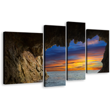 Load image into Gallery viewer, Cave Ocean Canvas Print, Brown Ocean Mountain Multi Canvas Artwork, Blue Orange Sky Ocean Arches 4 Piece Canvas Wall Art
