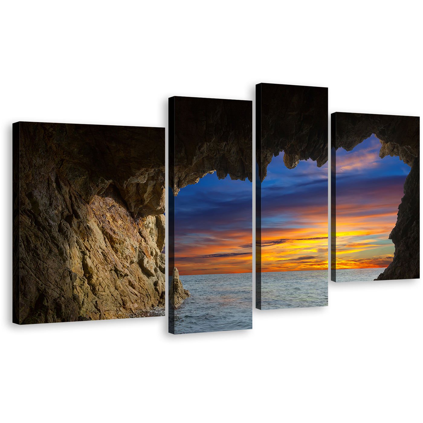 Cave Ocean Canvas Print, Brown Ocean Mountain Multi Canvas Artwork, Blue Orange Sky Ocean Arches 4 Piece Canvas Wall Art