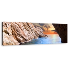 Load image into Gallery viewer, Cave Ocean Wall Art, Yellow Cloudy Sunset Sky Canvas Art, Amazing Brown Ocean Rocks 1 Piece Canvas Print
