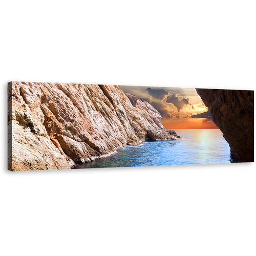 Cave Ocean Wall Art, Yellow Cloudy Sunset Sky Canvas Art, Amazing Brown Ocean Rocks 1 Piece Canvas Print