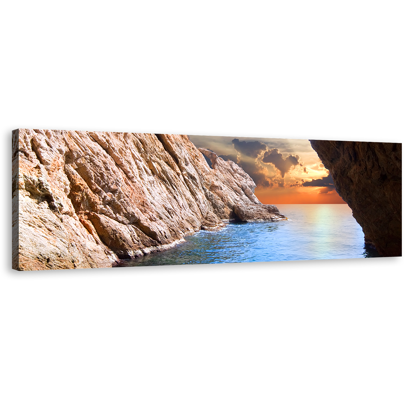 Cave Ocean Wall Art, Yellow Cloudy Sunset Sky Canvas Art, Amazing Brown Ocean Rocks 1 Piece Canvas Print