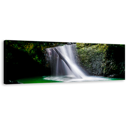 Cave Waterfall Canvas Print, Green Natural Bridge Waterfall Panoramic Canvas Wall Art, White Waterfall Scenery Canvas Artwork