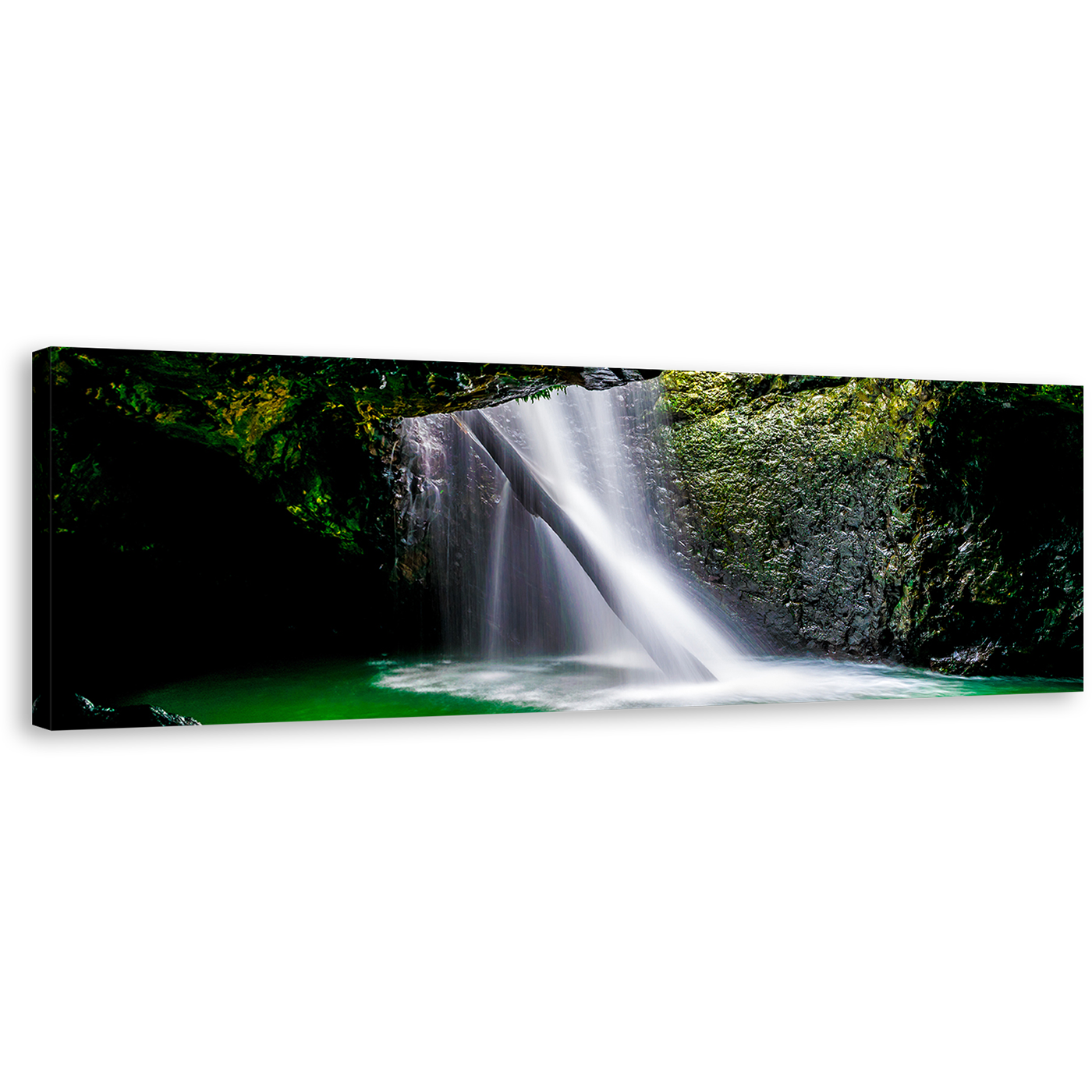 Cave Waterfall Canvas Print, Green Natural Bridge Waterfall Panoramic Canvas Wall Art, White Waterfall Scenery Canvas Artwork