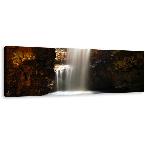 Cave Waterfall Canvas Wall Art, White Waterfall in a Cave Panoramic Canvas, Scotland Brown Smoo Cave Waterfall Canvas Print