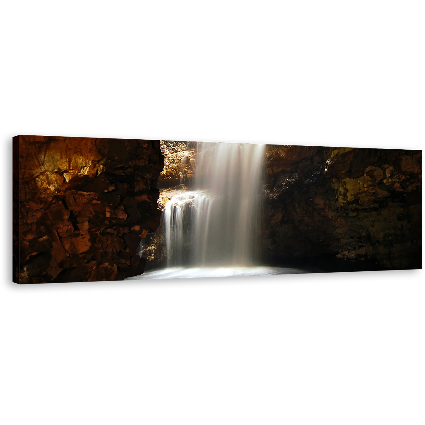 Cave Waterfall Canvas Wall Art, White Waterfall in a Cave Panoramic Canvas, Scotland Brown Smoo Cave Waterfall Canvas Print