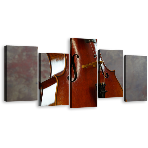 Cello Music Canvas Print, Brown Cello Instrument 5 Piece Canvas Wall Art, White Isolated Cello Close Up Multiple Canvas