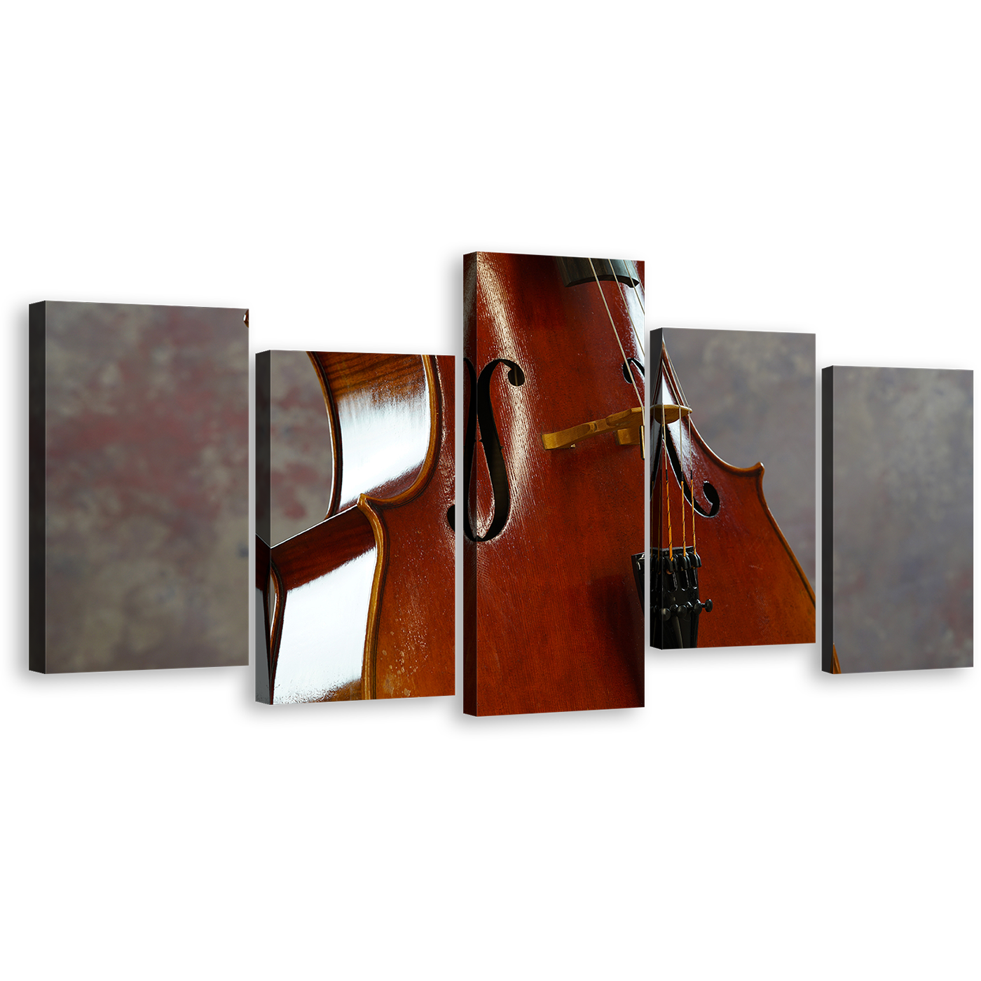 Cello Music Canvas Print, Brown Cello Instrument 5 Piece Canvas Wall Art, White Isolated Cello Close Up Multiple Canvas