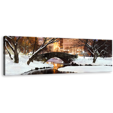 Load image into Gallery viewer, Central Park Wall Art, New York Yellow City Lights Canvas Print, Winter White Snowy Bridge Trees Landscape 1 Piece Canvas Art
