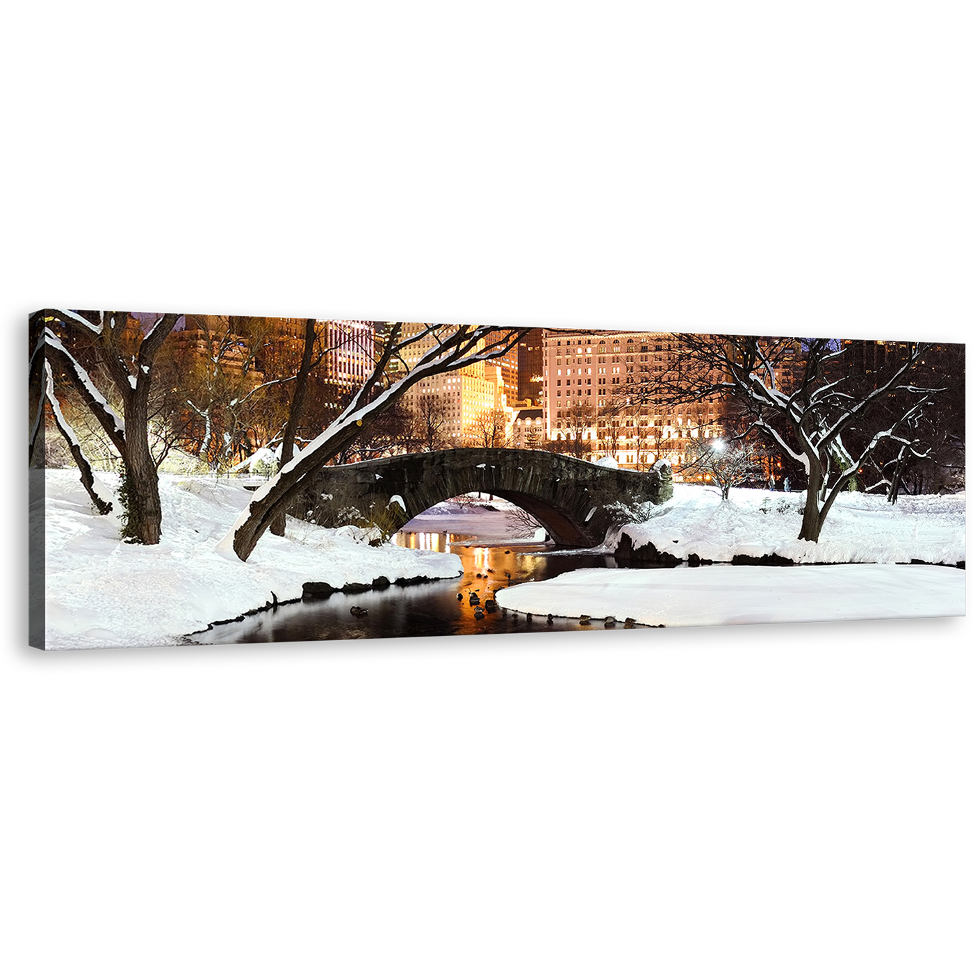 Central Park Wall Art, New York Yellow City Lights Canvas Print, Winter White Snowy Bridge Trees Landscape 1 Piece Canvas Art