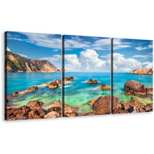 Load image into Gallery viewer, Cephalonia Island Canvas Wall Art, Cloudy Mediterranen Sea Ocean Rocks, Blue Green Petani Beach 3 Piece Multi Canvas Artwork
