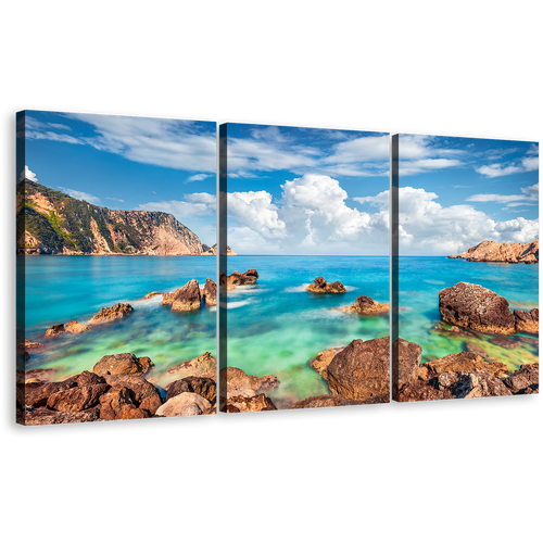 Cephalonia Island Canvas Wall Art, Cloudy Mediterranen Sea Ocean Rocks, Blue Green Petani Beach 3 Piece Multi Canvas Artwork