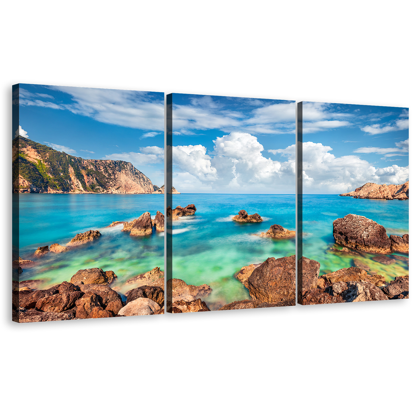 Cephalonia Island Canvas Wall Art, Cloudy Mediterranen Sea Ocean Rocks, Blue Green Petani Beach 3 Piece Multi Canvas Artwork