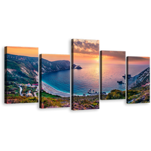 Load image into Gallery viewer, Cephalonia Island Canvas Wall Art, Colorful Cephalonia Island Multi Canvas, Petani Beach 5 Piece Canvas Print, Yellow Sunset Mediterranean Sea Canvas Set
