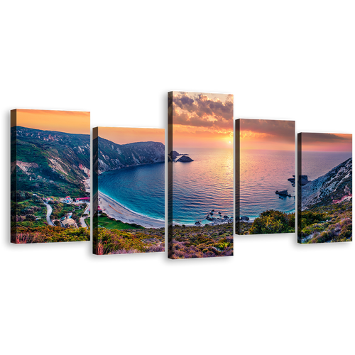 Cephalonia Island Canvas Wall Art, Colorful Cephalonia Island Multi Canvas, Petani Beach 5 Piece Canvas Print, Yellow Sunset Mediterranean Sea Canvas Set