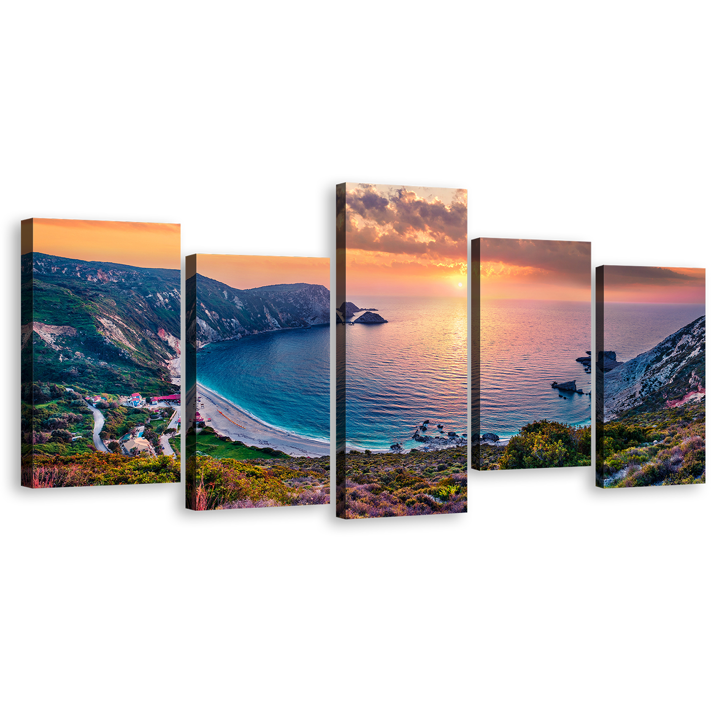 Cephalonia Island Canvas Wall Art, Colorful Cephalonia Island Multi Canvas, Petani Beach 5 Piece Canvas Print, Yellow Sunset Mediterranean Sea Canvas Set