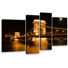 Load image into Gallery viewer, Chain Bridge Canvas Print, Széchenyi Gold Danube River 4 Piece Wall Art, Black Budapest Hungary City Bridge Multiple Canvas
