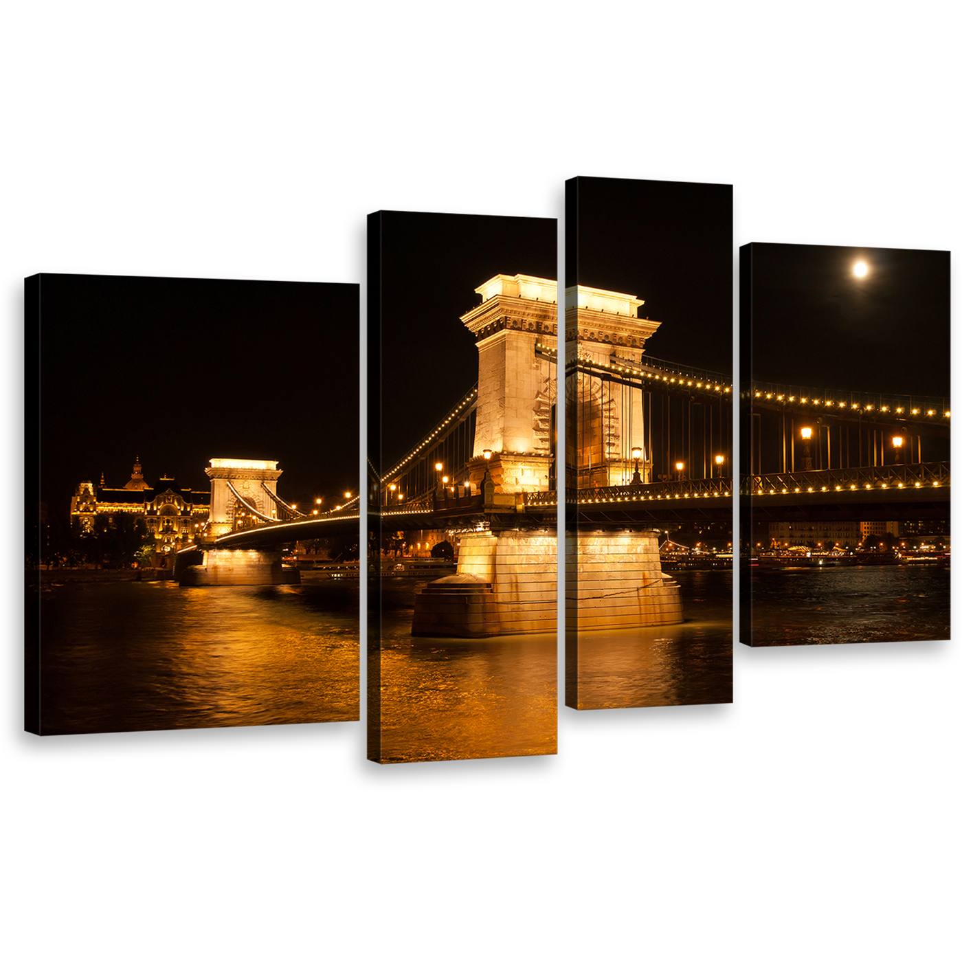 Chain Bridge Canvas Print, Széchenyi Gold Danube River 4 Piece Wall Art, Black Budapest Hungary City Bridge Multiple Canvas