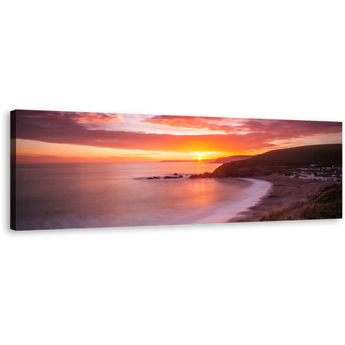 Challaborough Bay Canvas Wall Art, Cloudy Yellow Sunset Ocean Landscape 1 Piece Canvas Print, Brown Ocean Beach Canvas Artwork