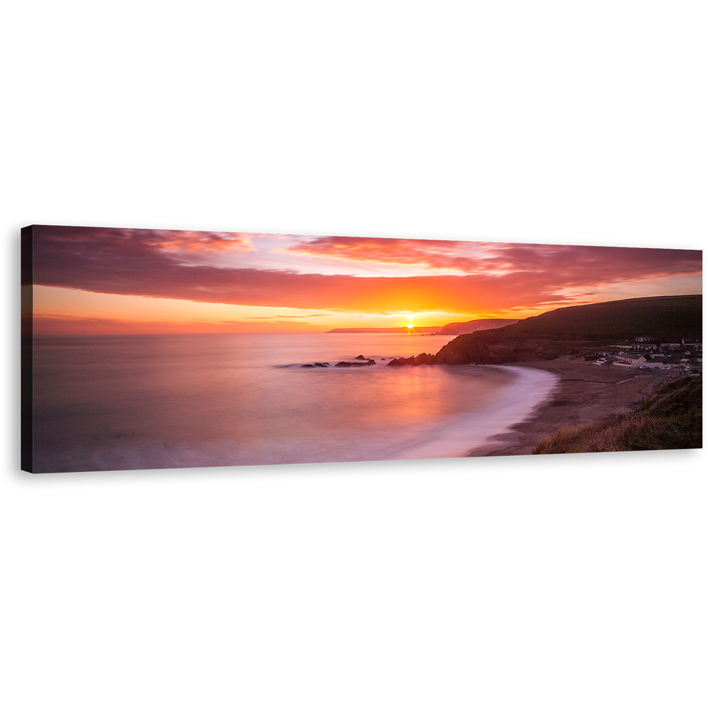 Challaborough Bay Canvas Wall Art, Cloudy Yellow Sunset Ocean Landscape 1 Piece Canvas Print, Brown Ocean Beach Canvas Artwork