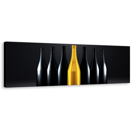 Champagne Bottle Wall Art, Yellow Black Champagne Bottles Canvas Art, Wine Drinks Dark Background Panoramic Canvas Print