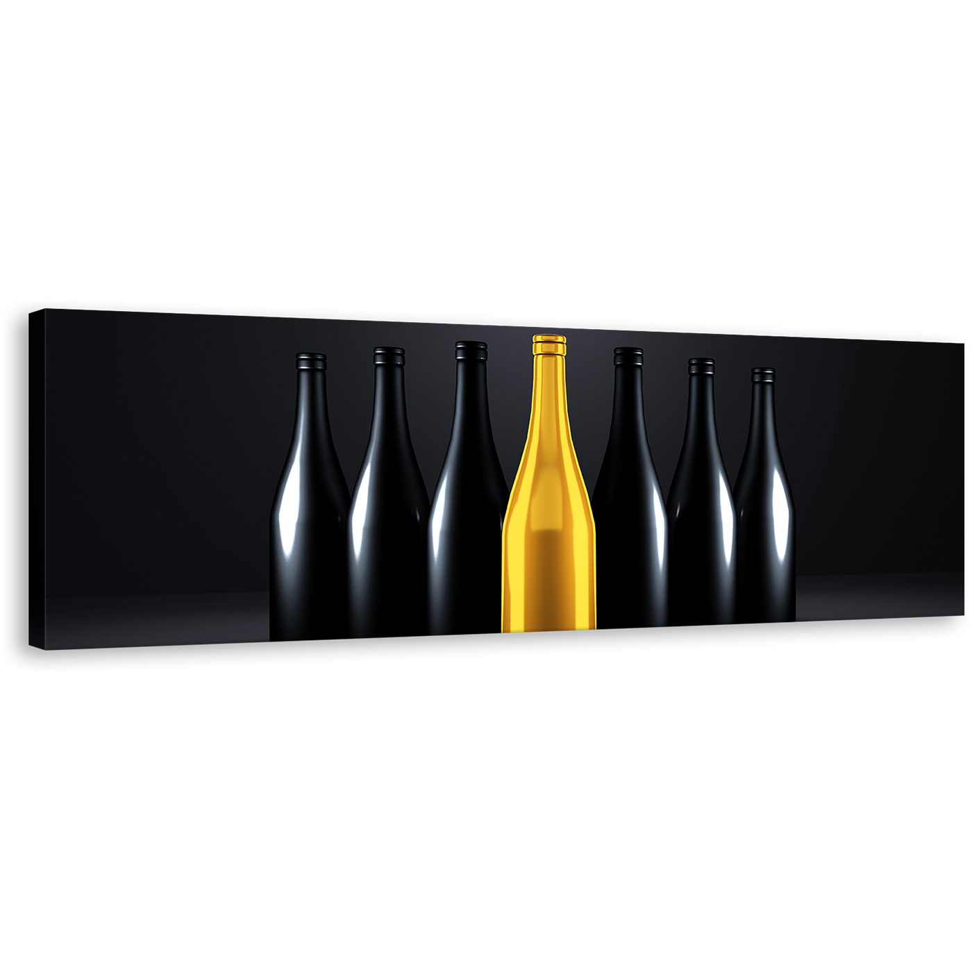 Champagne Bottle Wall Art, Yellow Black Champagne Bottles Canvas Art, Wine Drinks Dark Background Panoramic Canvas Print