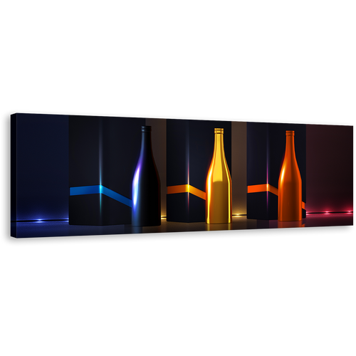 Champagne Bottles Canvas Wall Art, Red Blue Yellow Bottles Canvas Print, Luxury Drinks Panoramic Canvas