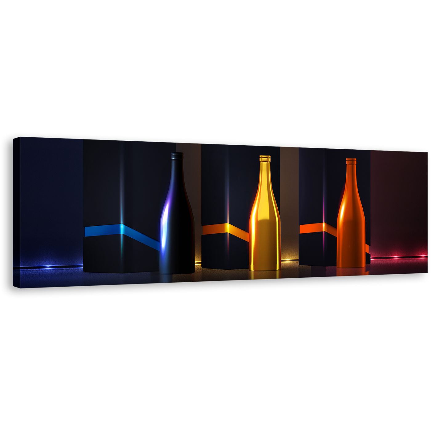 Champagne Bottles Canvas Wall Art, Red Blue Yellow Bottles Canvas Print, Luxury Drinks Panoramic Canvas