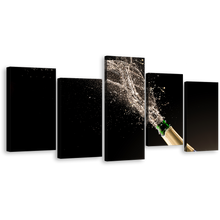 Load image into Gallery viewer, Champagne Burst Canvas Wall Art, Blue Green Champagne Bottle Splash 5 Piece Canvas Print, Champagne Cork Splash Celebration Canvas Set
