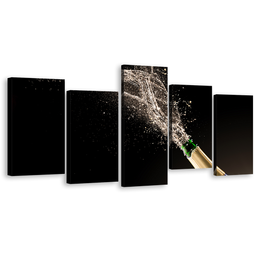 Champagne Burst Canvas Wall Art, Blue Green Champagne Bottle Splash 5 Piece Canvas Print, Champagne Cork Splash Celebration Canvas Set