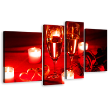 Load image into Gallery viewer, Champagne Candlelight Canvas Wall Art, Red Champagne Glasses 4 Piece Canvas Set, Romantic Champagne Roses Yellow Candle Canvas Print
