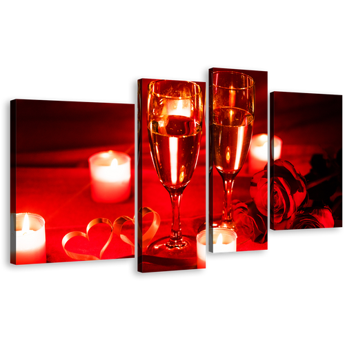 Champagne Candlelight Canvas Wall Art, Red Champagne Glasses 4 Piece Canvas Set, Romantic Champagne Roses Yellow Candle Canvas Print