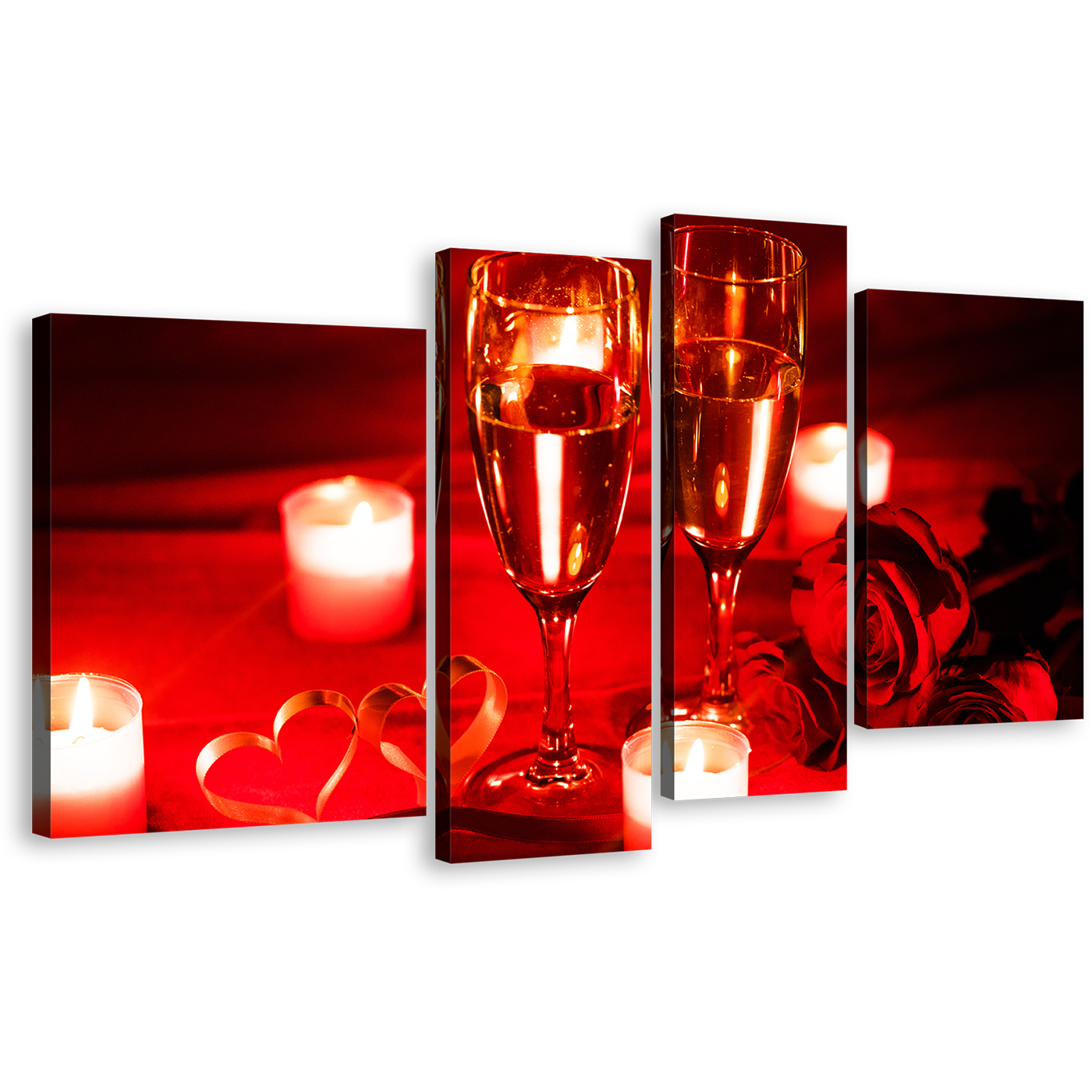 Champagne Candlelight Canvas Wall Art, Red Champagne Glasses 4 Piece Canvas Set, Romantic Champagne Roses Yellow Candle Canvas Print