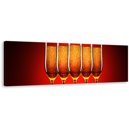 Champagne Celebration Canvas Print, Sexy Champagne Glasses Party Panoramic Canvas Wall Art, Orange Red Champagne Crystal Glasses Canvas Artwork