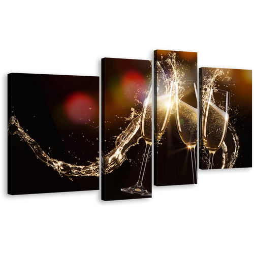 Champagne Drink Canvas Print, Champagne Glasses With Yellow Splash 4 Piece Canvas Set, Red Abstract Champagne Liquid Burst Canvas Wall Art