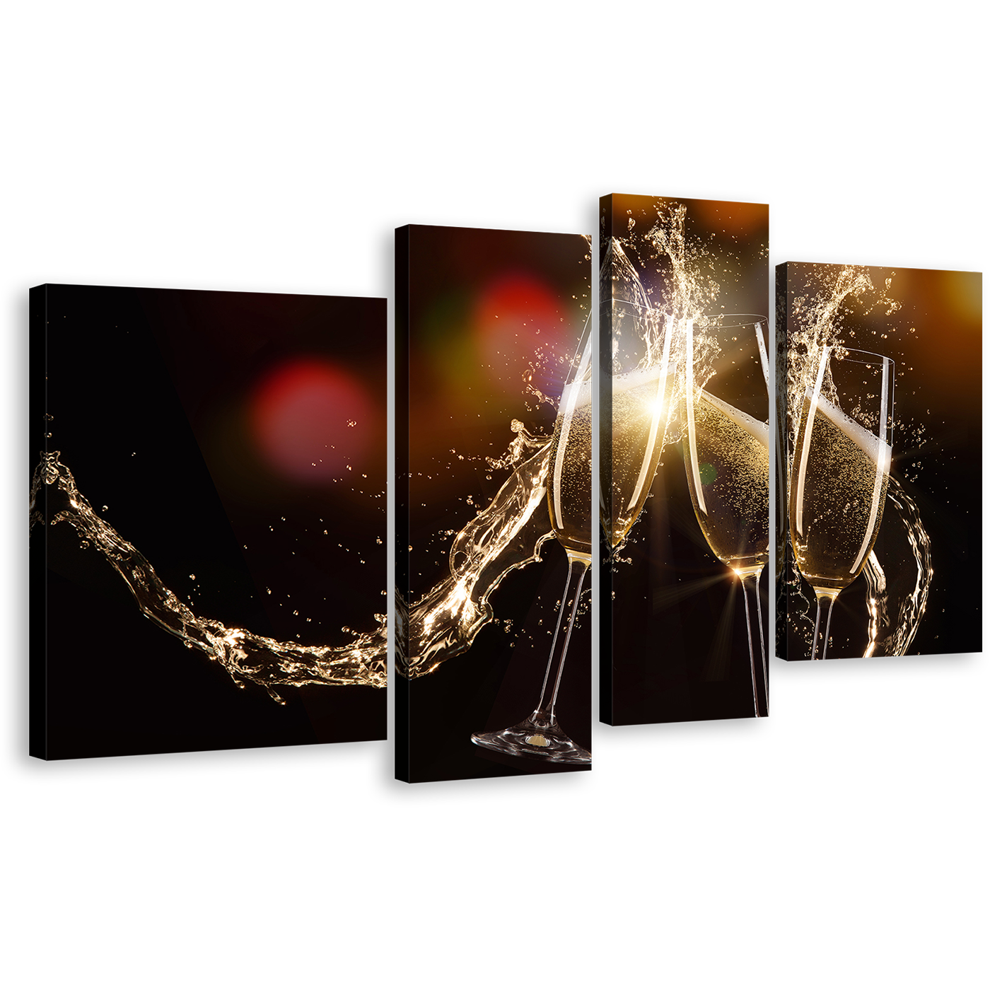 Champagne Drink Canvas Print, Champagne Glasses With Yellow Splash 4 Piece Canvas Set, Red Abstract Champagne Liquid Burst Canvas Wall Art