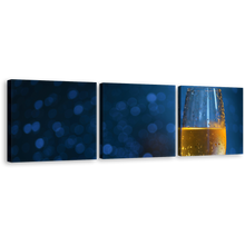 Load image into Gallery viewer, Champagne Drink Canvas Wall Art, Blue Background Champagne Canvas Set, Yellow Elegant Champagne Glass 3 Piece Canvas Print
