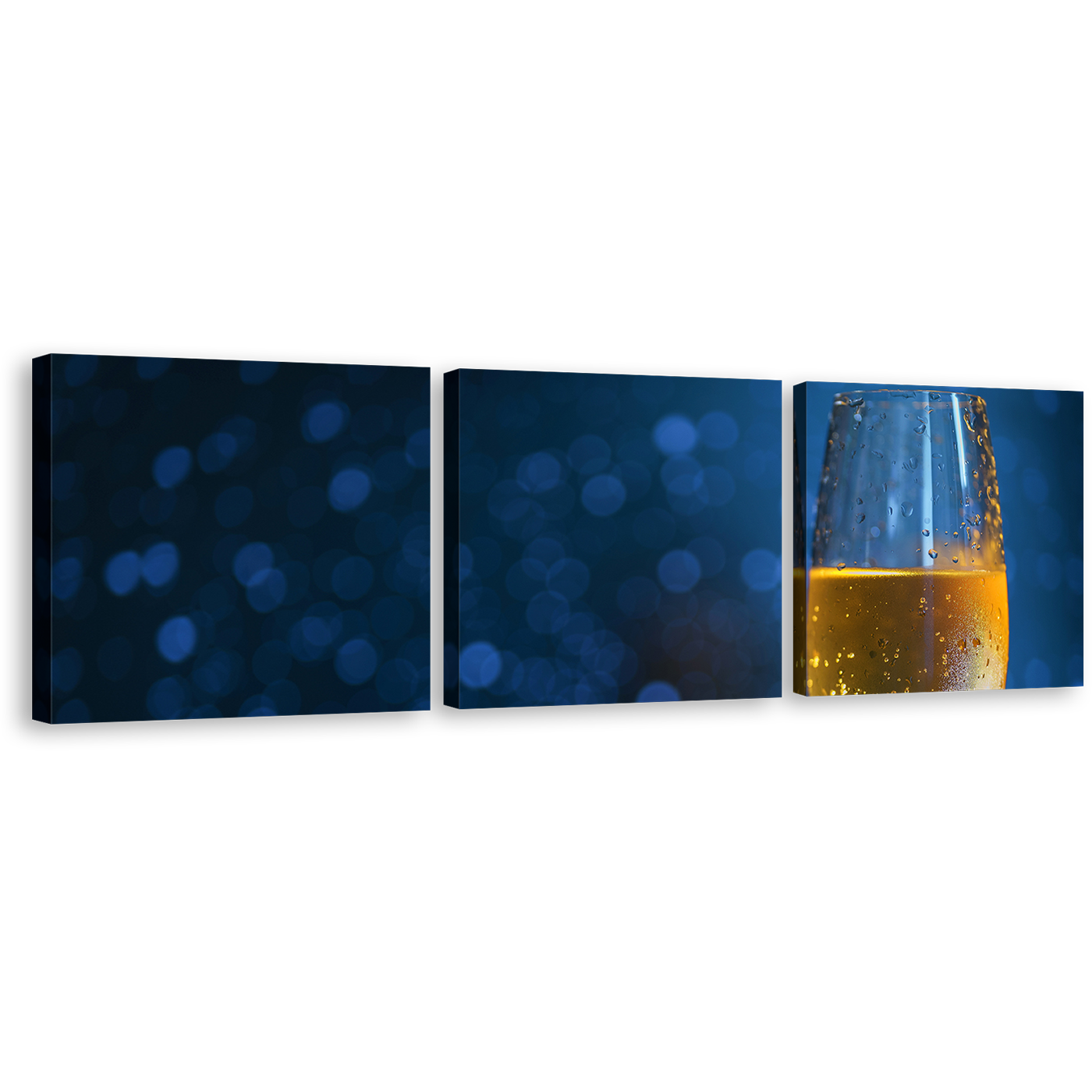 Champagne Drink Canvas Wall Art, Blue Background Champagne Canvas Set, Yellow Elegant Champagne Glass 3 Piece Canvas Print