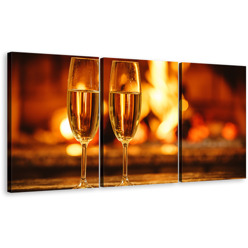 Champagne Drink Canvas Wall Art, Champagne Glasses 3 Piece Canvas Wall Art, Two Orange Yellow Alcohol Glasses Multi Canvas