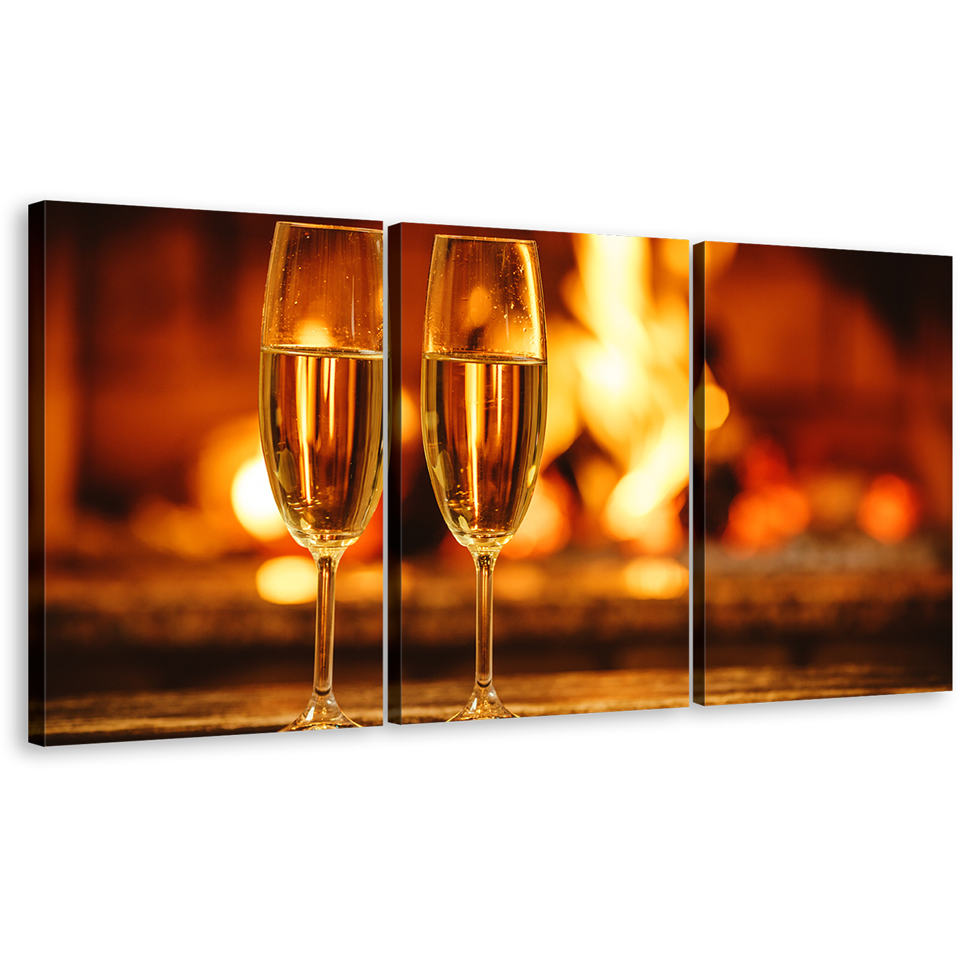 Champagne Drink Canvas Wall Art, Champagne Glasses 3 Piece Canvas Wall Art, Two Orange Yellow Alcohol Glasses Multi Canvas