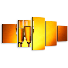 Load image into Gallery viewer, Champagne Drink Canvas Wall Art, Romantic Champagne Glasses Multi Canvas Artwork, Yellow Orange Alcohol Glasses 5 Piece Canvas Print
